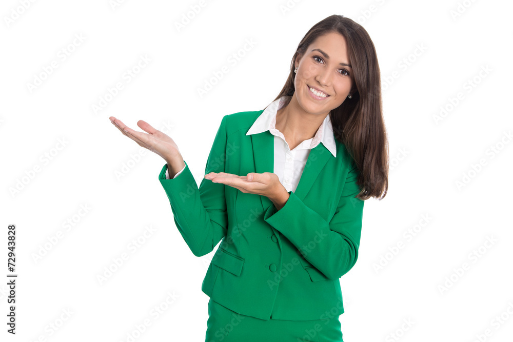 Presenting isolated businesswoman in green suit presenting new p Presenting isolated businesswoman in green suit presenting new p