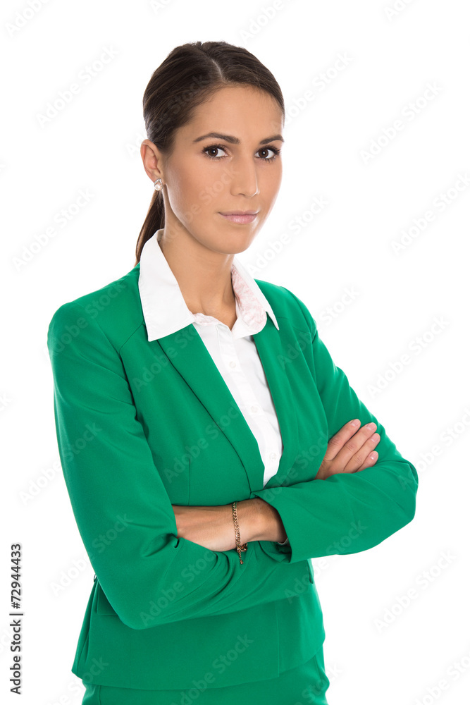 Portrait of a smiling isolated businesswoman wearing green blaze Portrait of a smiling isolated businesswoman wearing green blaze