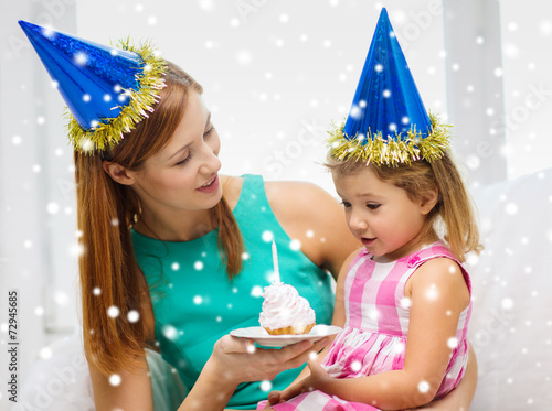 mother and daughter in party hats with cake