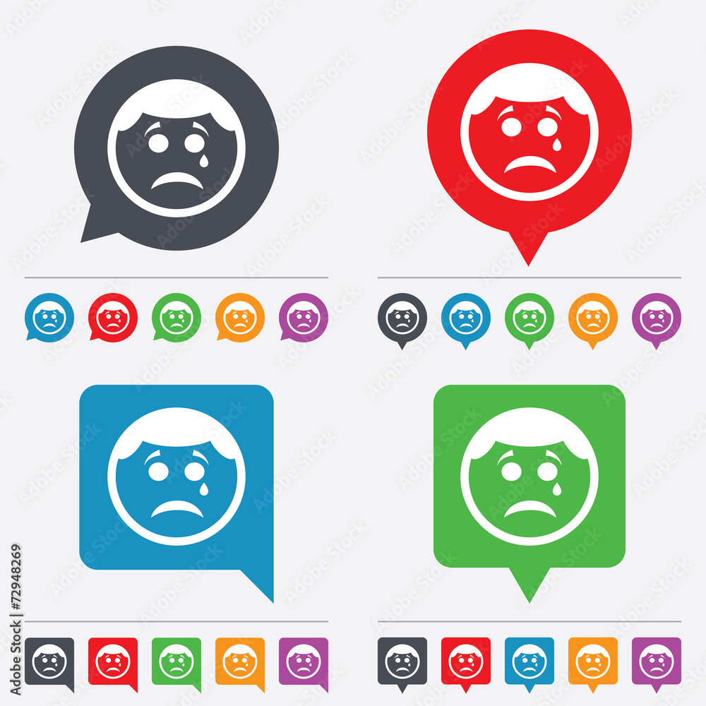 Sad face with tear sign icon. Crying symbol. Sad face with tear sign icon. Crying symbol.