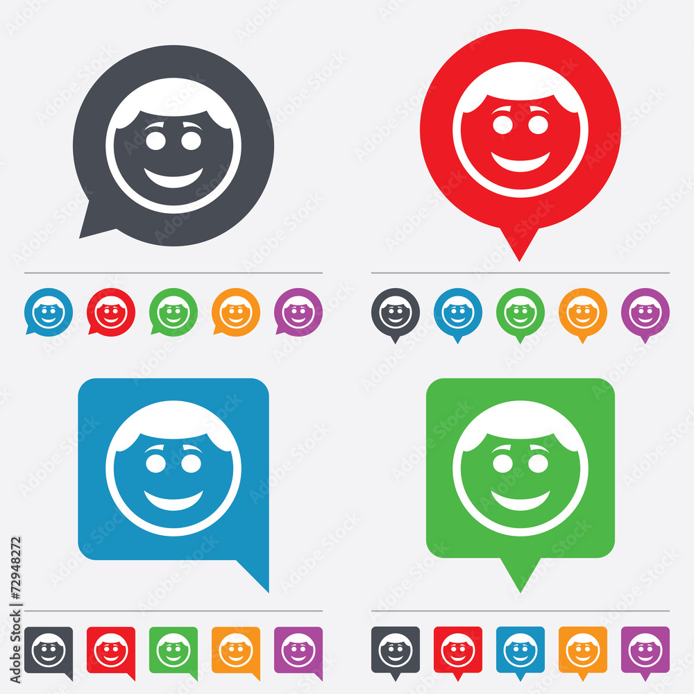 Smile face icon. Smiley with hairstyle symbol. Smile face icon. Smiley with hairstyle symbol.