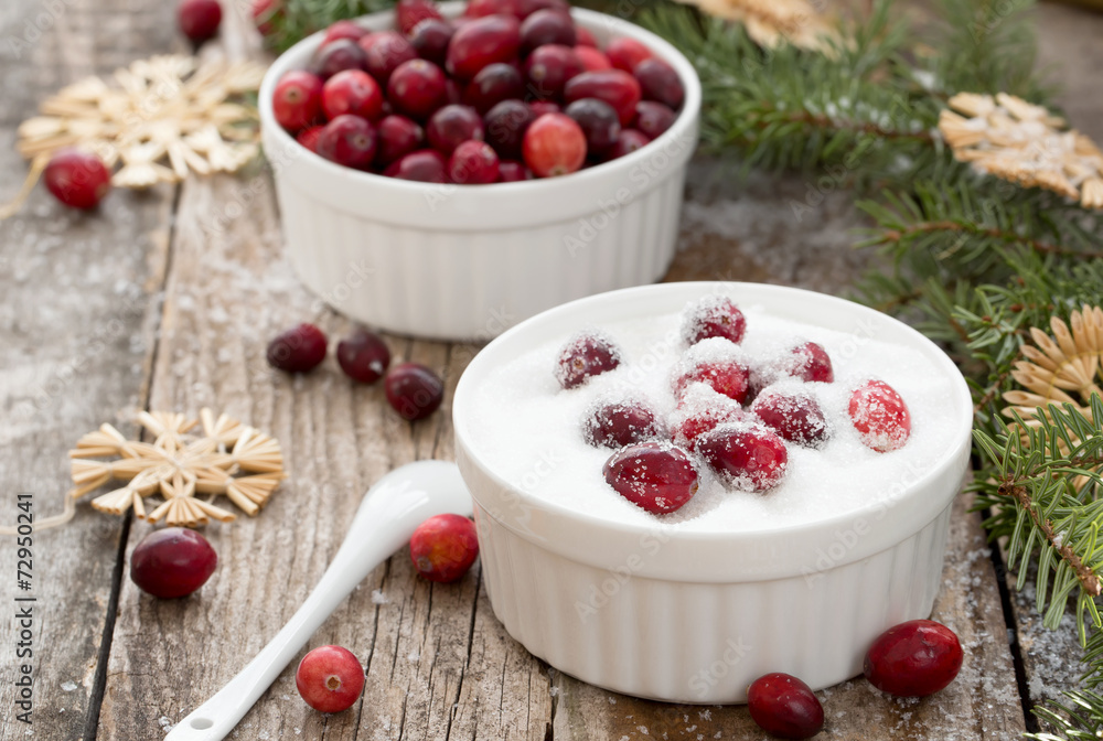 Cranberries, sugar, straw stars and fir branches. Cranberries, sugar, straw stars and fir branches.