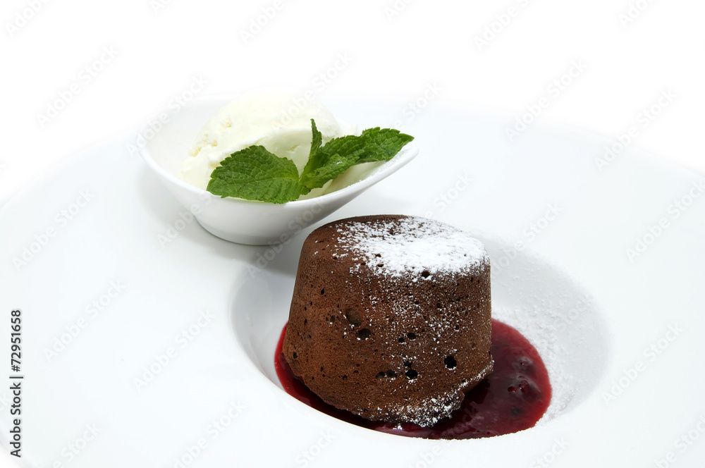 chocolate dessert with ice cream on a white background chocolate dessert with ice cream on a white background