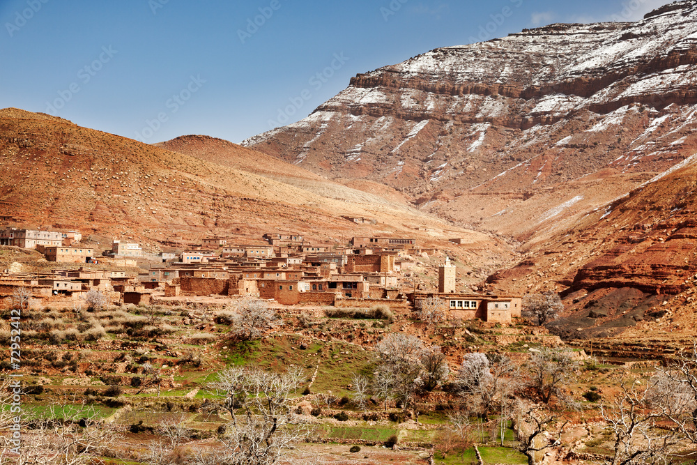 The small mountain village of Aguelmous in the High Atlas in win