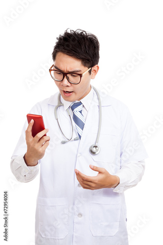 Asian male doctor angry talk to a phone