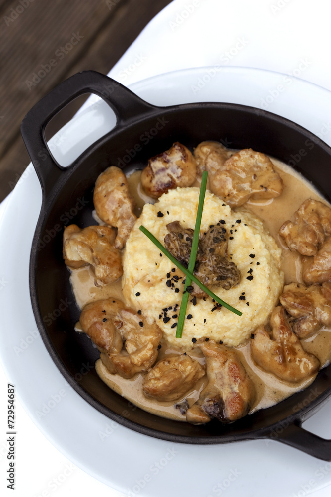 Sweetbeards, pollenta and morel on a plate Sweetbeards, pollenta and morel on a plate