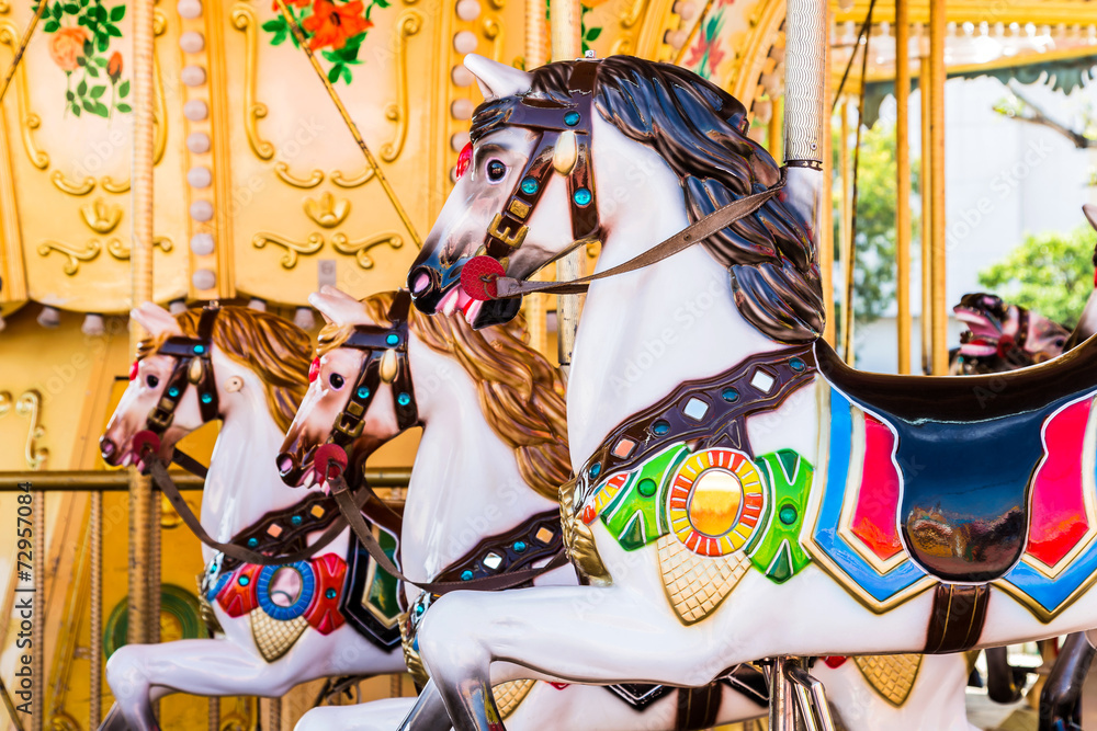 Fototapeta carousel horses in amusement park