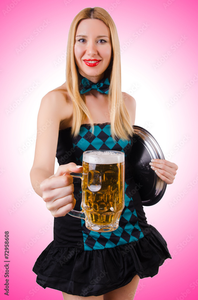 Young waitress with beer on white Young waitress with beer on white