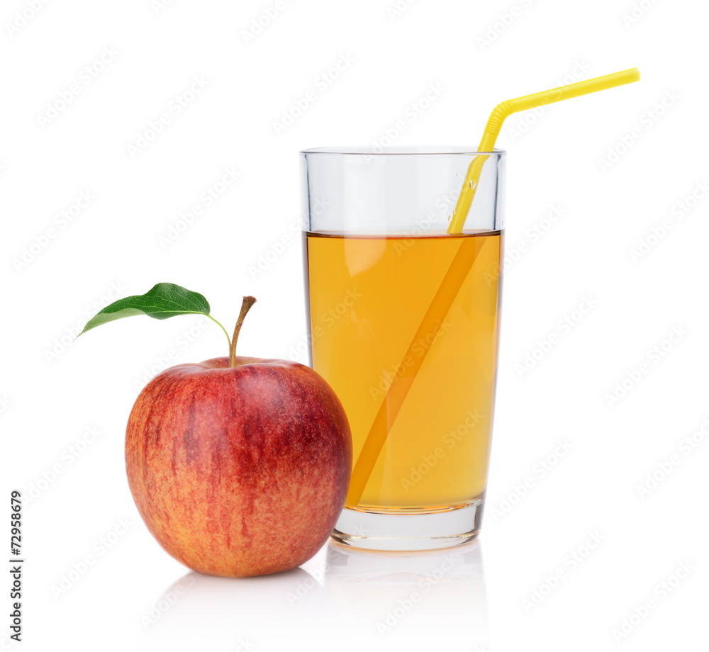 Close-up shot whole red apple with juice with straw Close-up shot whole red apple with juice with straw