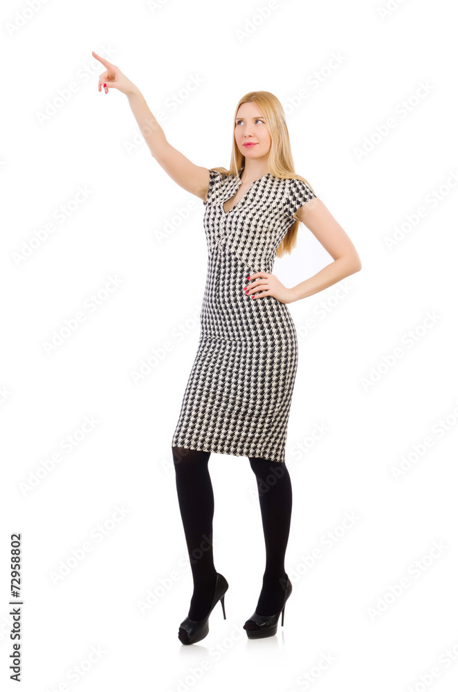Woman pressing virtual button isolated on white Woman pressing virtual button isolated on white