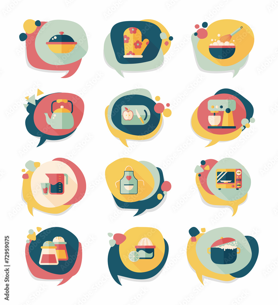 Kitchenware bubble speech flat banner design background set, eps Kitchenware bubble speech flat banner design background set, eps