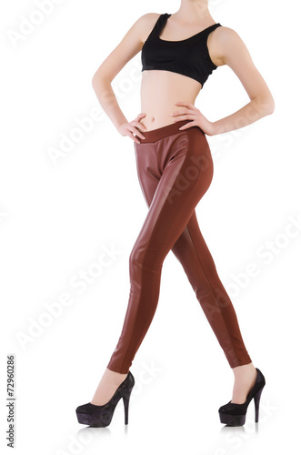Woman legs wearing long stockings isolated on white