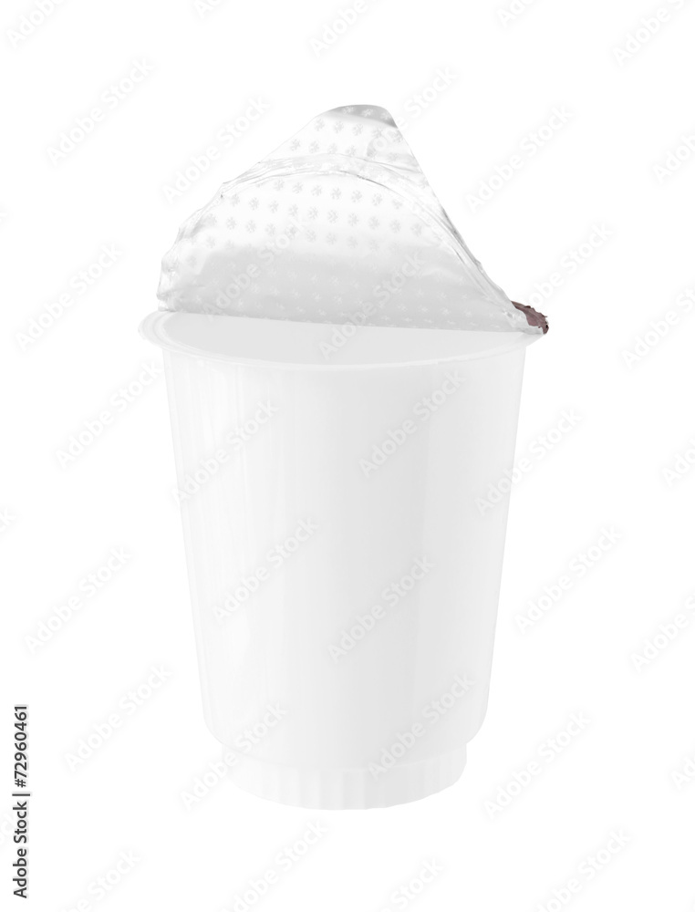 Plastic Yogurt Cup Foil Cover isolated on white background Plastic Yogurt Cup Foil Cover isolated on white background