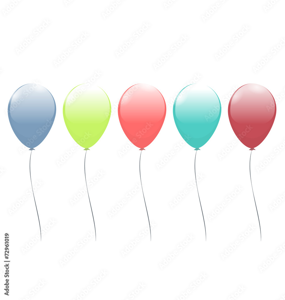 Five multicolor balloons isolated on white background