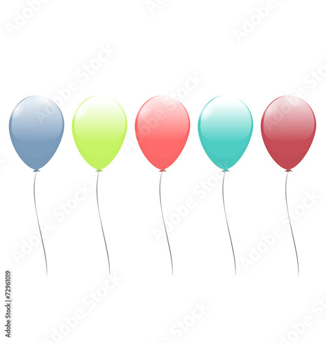 Five multicolor balloons isolated on white background