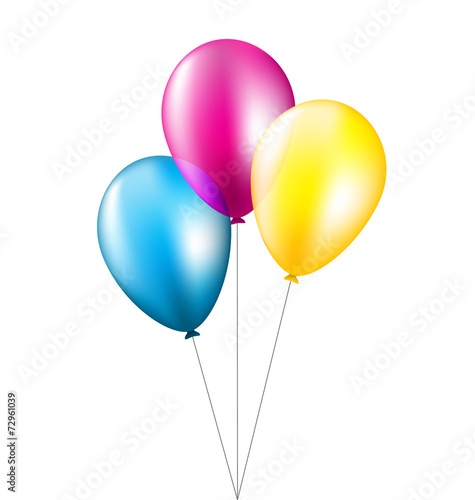 Three multicolored balloons isolated on white background