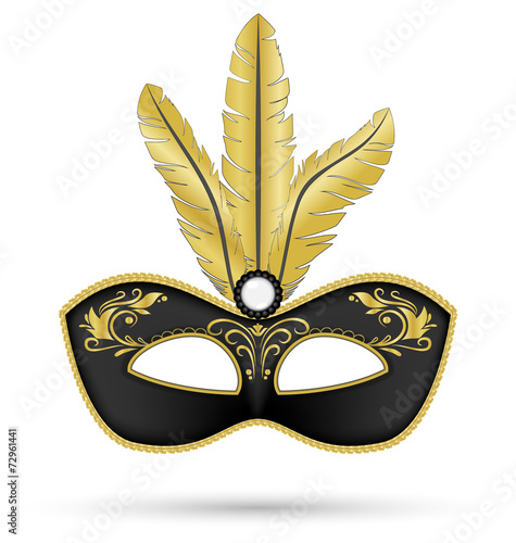 Black mask with golden feathers isolated on white background