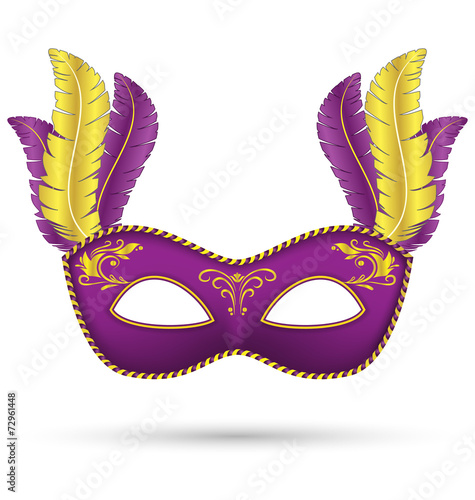 Purple mask with feathers isolated on white background