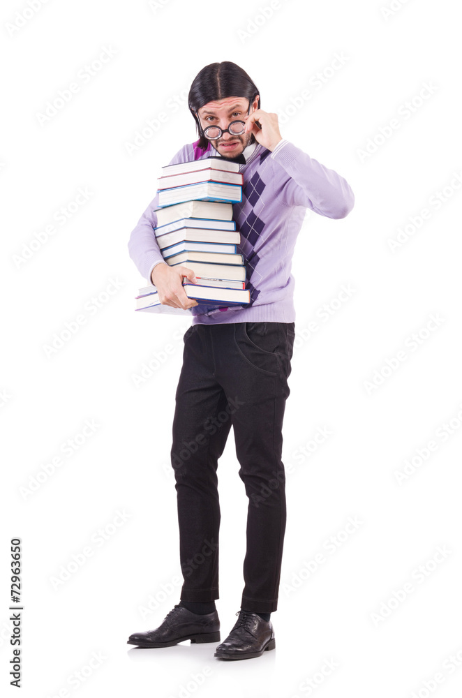 Fototapeta premium Funny student with books isolated on white