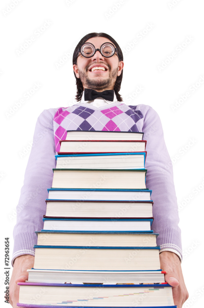 Funny student with books isolated on white Funny student with books isolated on white