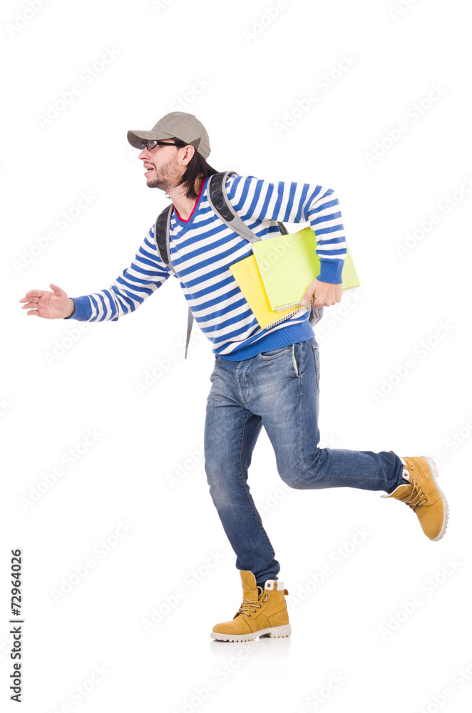 Naklejka premium Student rushing to the lesson isolated on white
