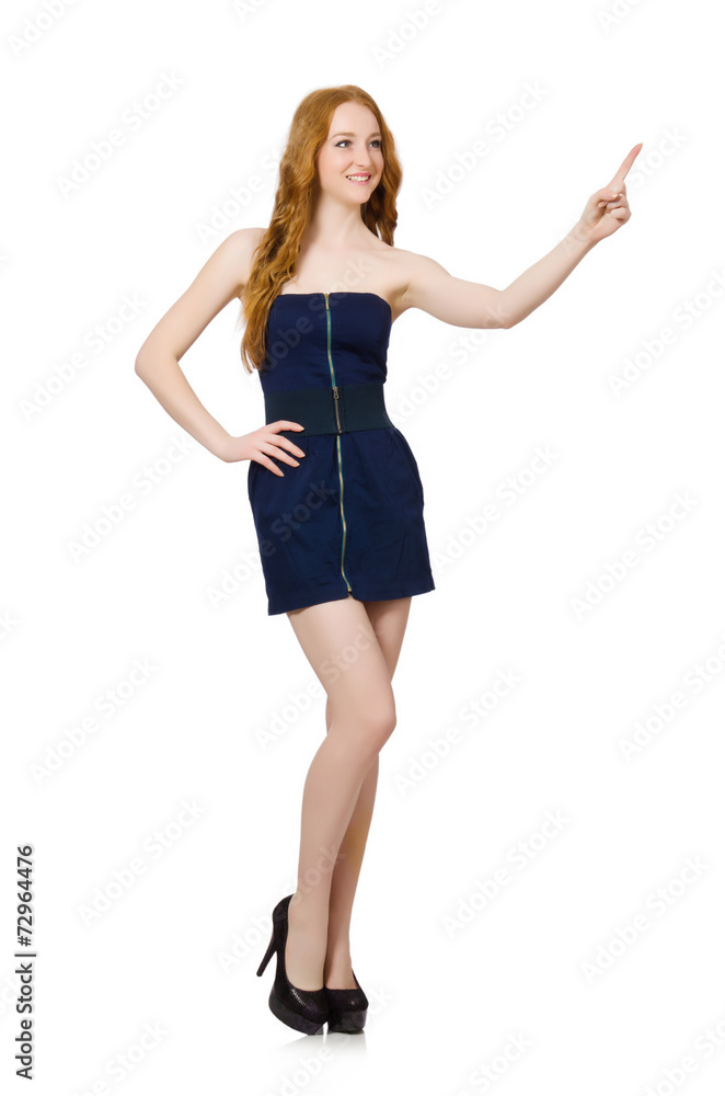 Woman pressing virtual button isolated on white Woman pressing virtual button isolated on white