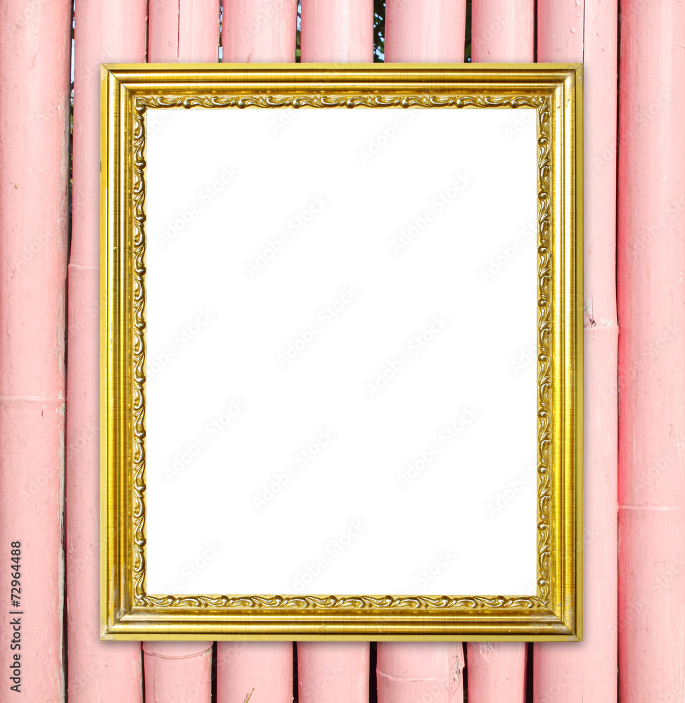 golden frame on colorful bamboo wall background