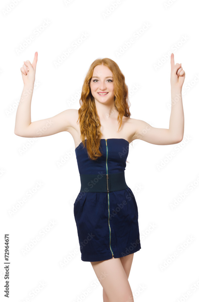 Woman pressing virtual button isolated on white Woman pressing virtual button isolated on white