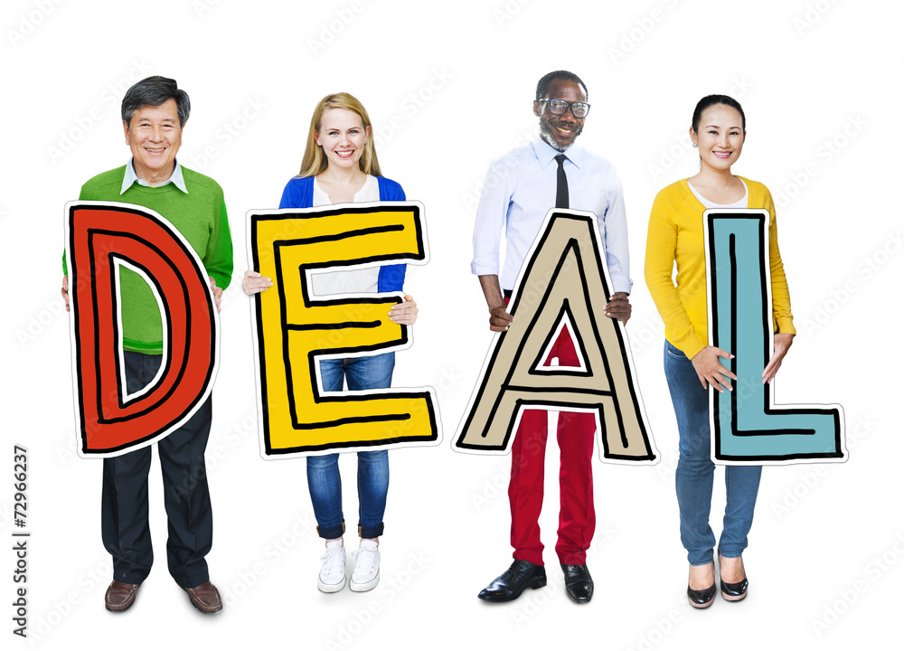 Group of People Standing Holding Deal Letter Group of People Standing Holding Deal Letter