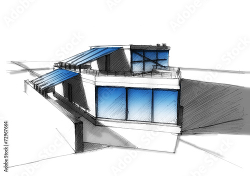 Photography Modern house with structural glazing hand sketch drawing pen