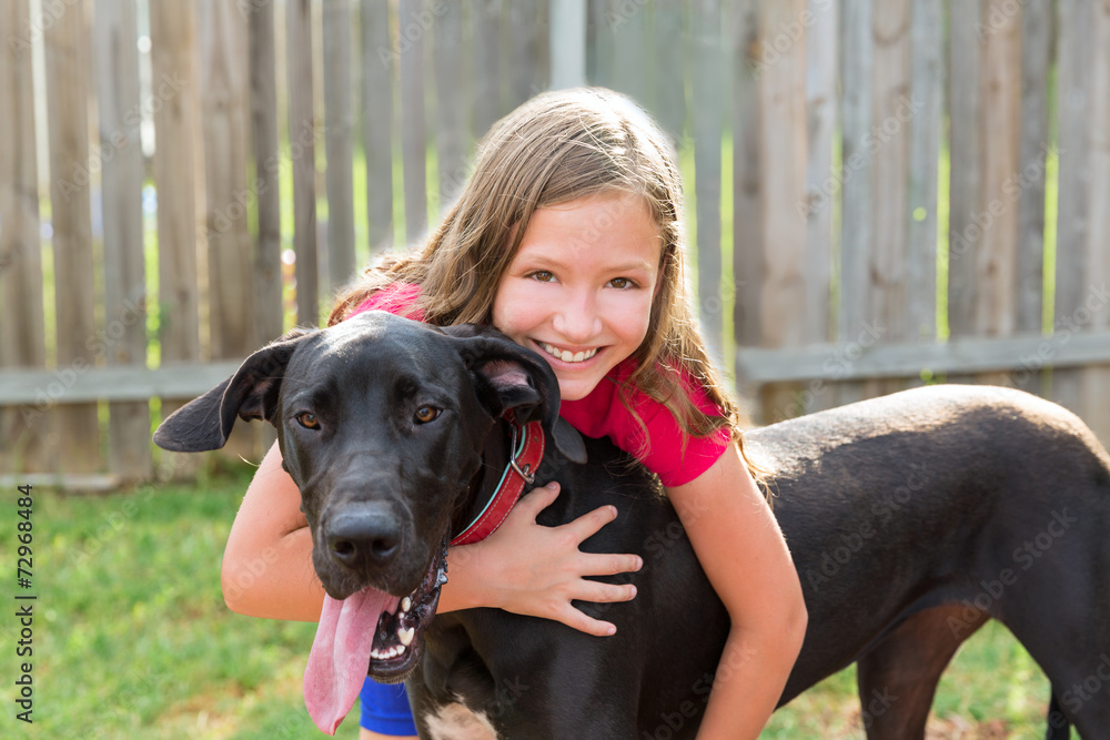great dane and kid girl hug playing outdoor great dane and kid girl hug playing outdoor