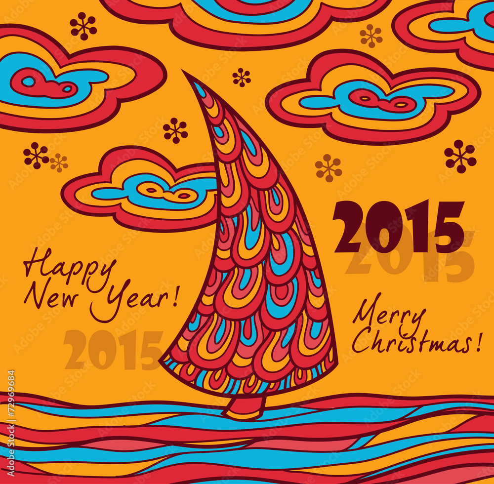 New Year greeting card 2015 with Christmas landscape