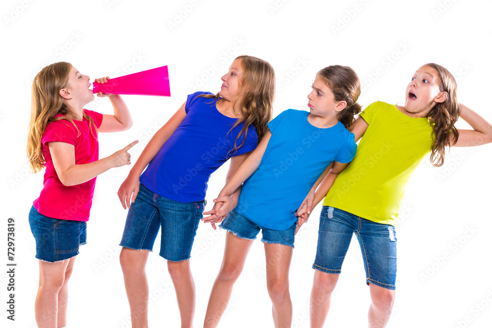 megaphone leader kid girl shouting friends megaphone leader kid girl shouting friends