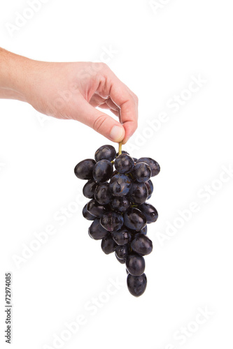 Black grapes in hand.