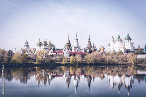 Beautiful Kremlin to Izmailovo is reflected in water, Moscow 
