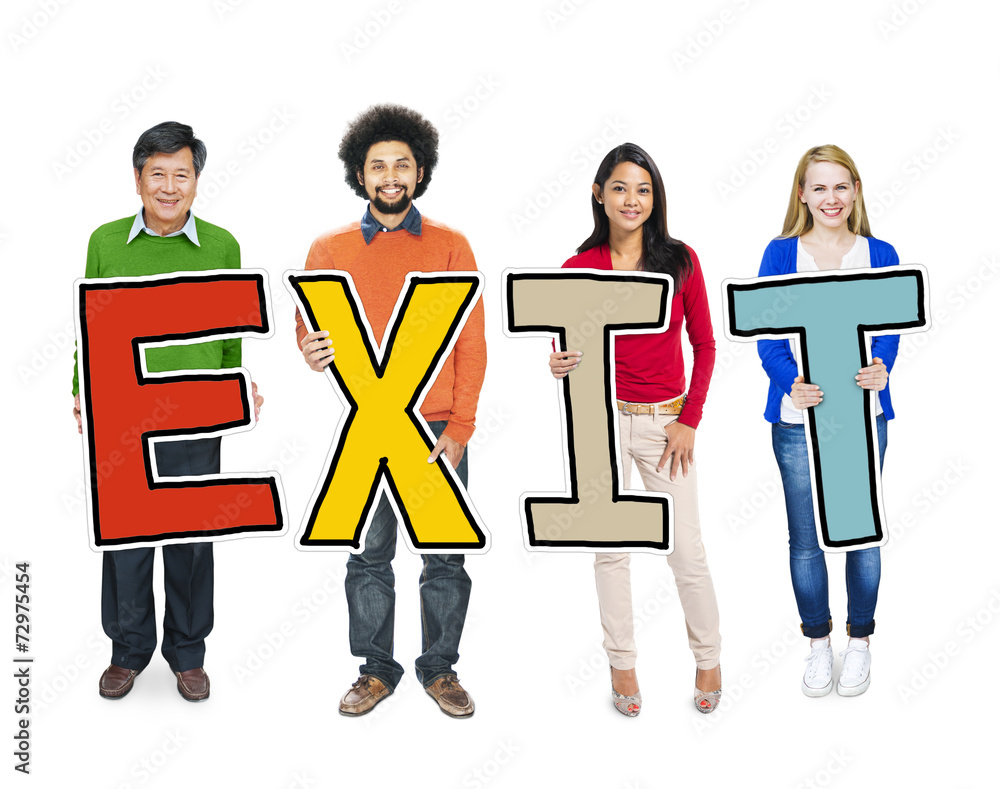 Multiethnic Group of People Holding Letter Exit Multiethnic Group of People Holding Letter Exit