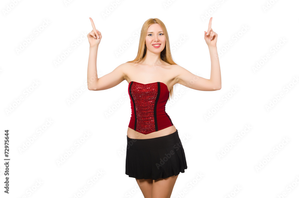 Woman pressing virtual button isolated on white Woman pressing virtual button isolated on white