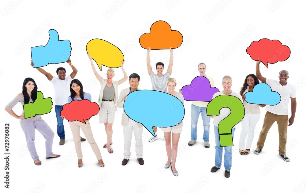 Fototapeta premium Multiethnic People with Speech Bubbles and Symbol