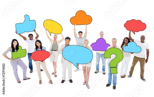 Multiethnic People with Speech Bubbles and Symbol