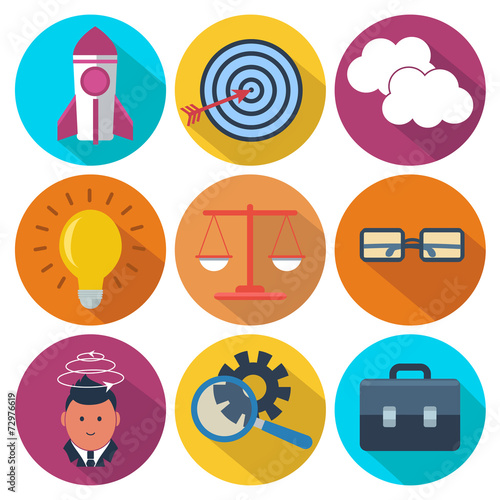 Set of 9 business, marketing colorful round icons