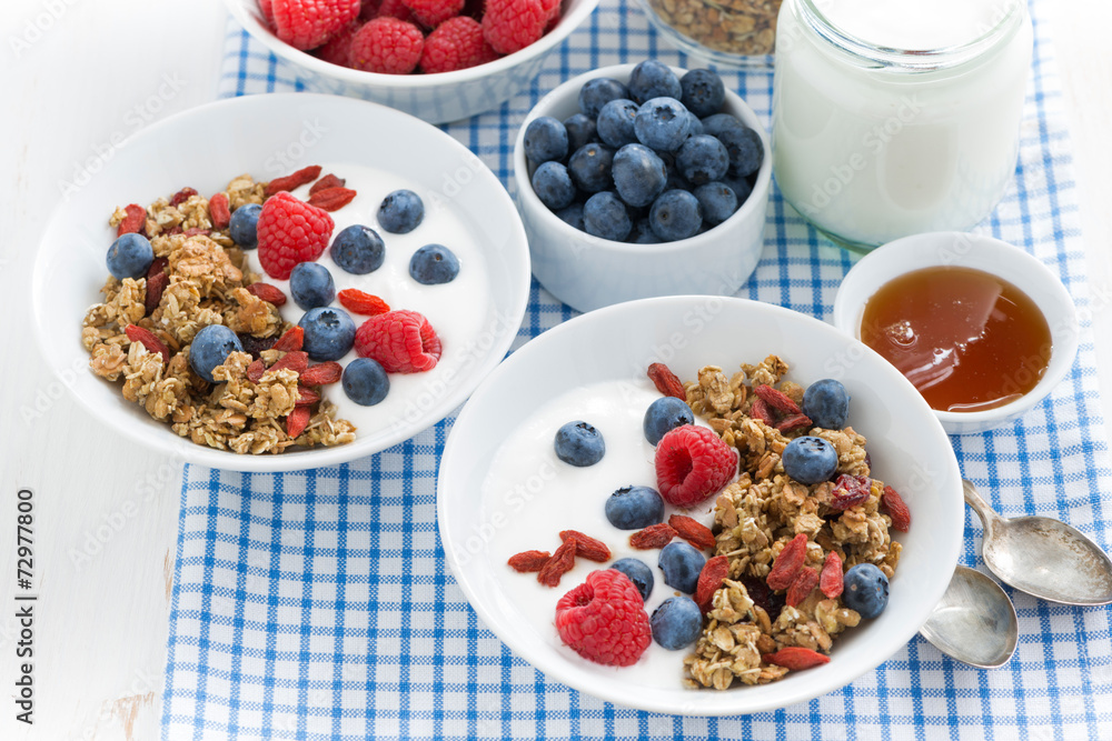 breakfast with granola, fresh berries, honey and yogurt breakfast with granola, fresh berries, honey and yogurt