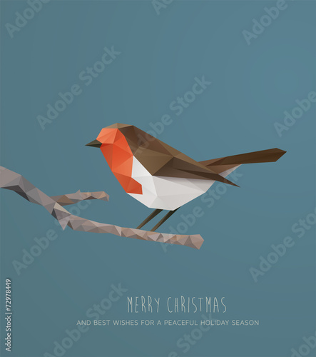 Christmas Card. Geometric polygonal Robin on a branch