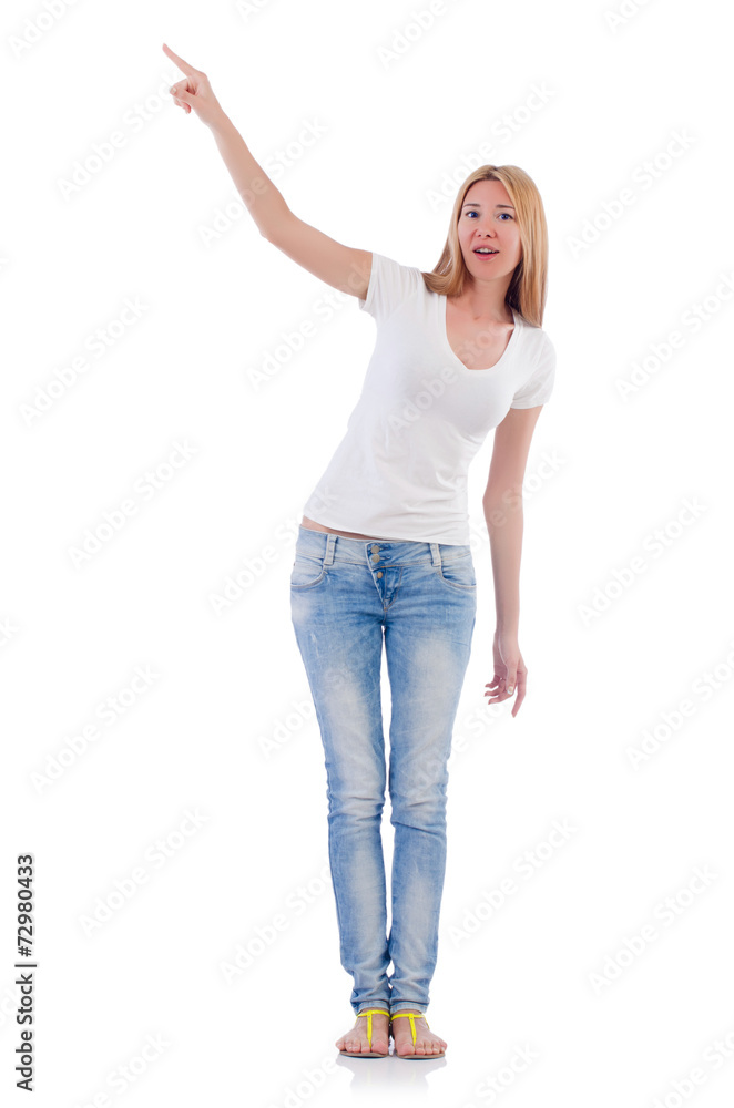 Woman pressing virtual button isolated on white Woman pressing virtual button isolated on white