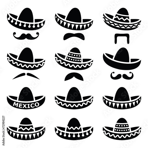 Mexican Sombrero hat with moustache or mustache icons photo