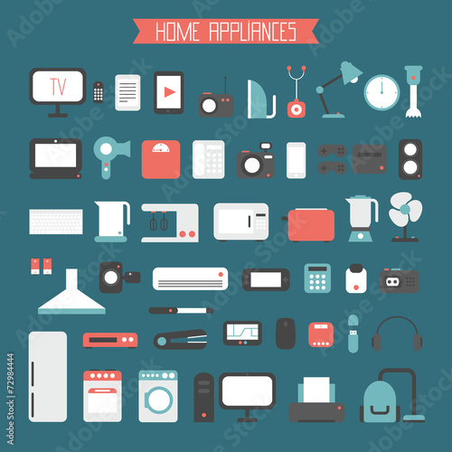 Set of electronic devices and home appliances colorful icons in