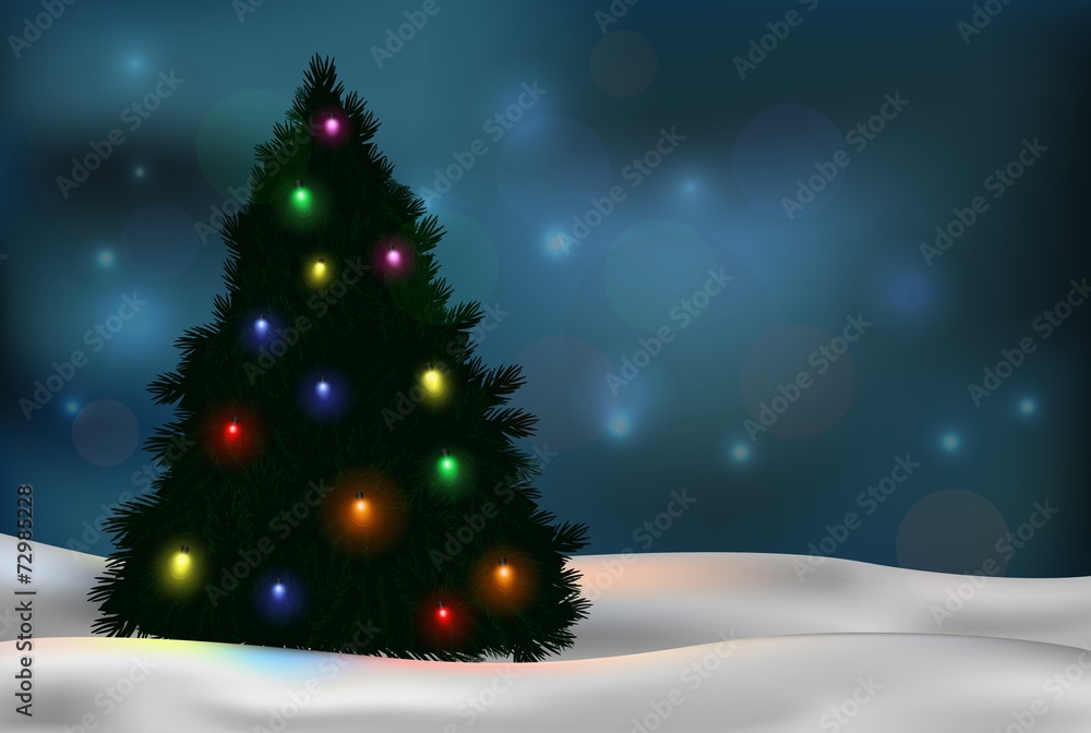 Christmas tree and decorations on winter background