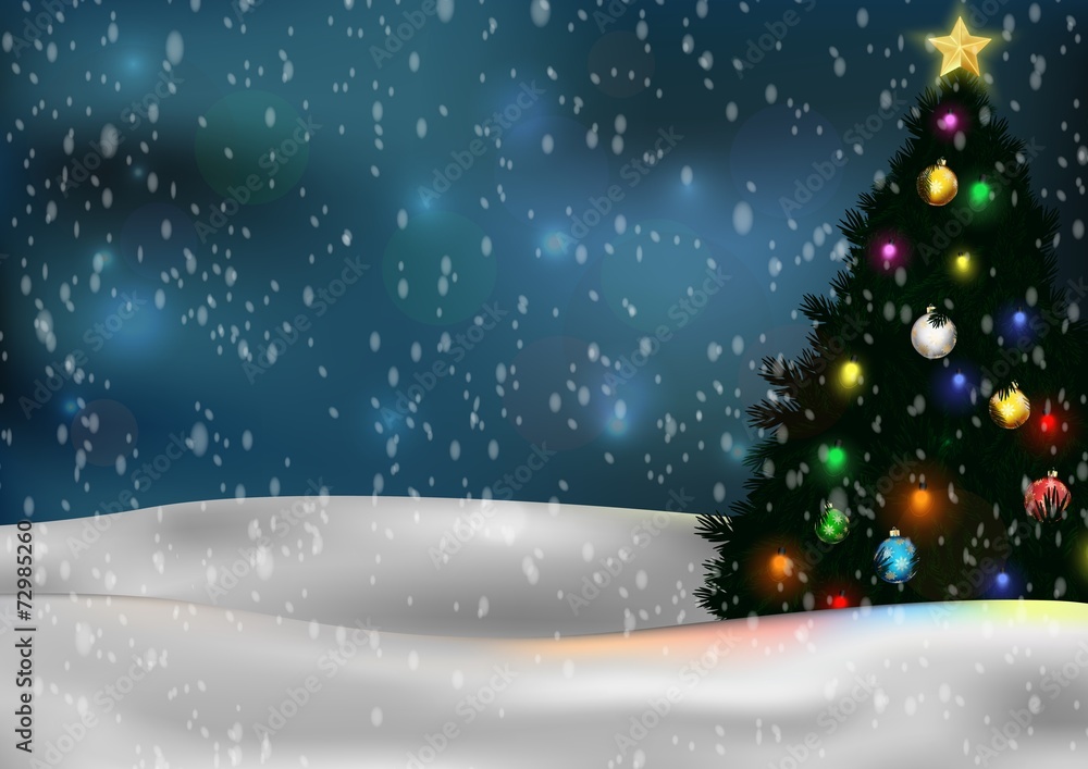 Christmas tree and decorations on winter background