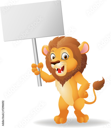 Fototapeta Naklejka Na Ścianę i Meble -  Cute cartoon lion holding blank sign