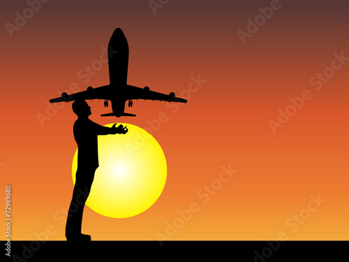 Man silhouette with plane at sunset