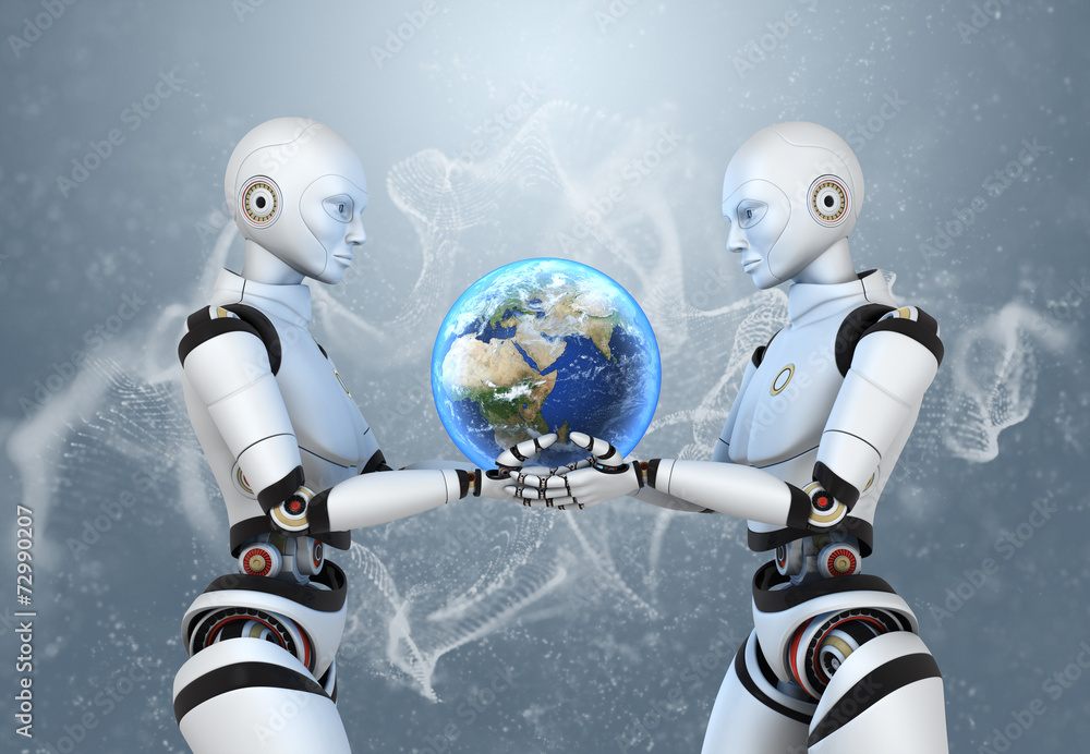 Naklejka premium Two cyborgs holding the Earth in their hands